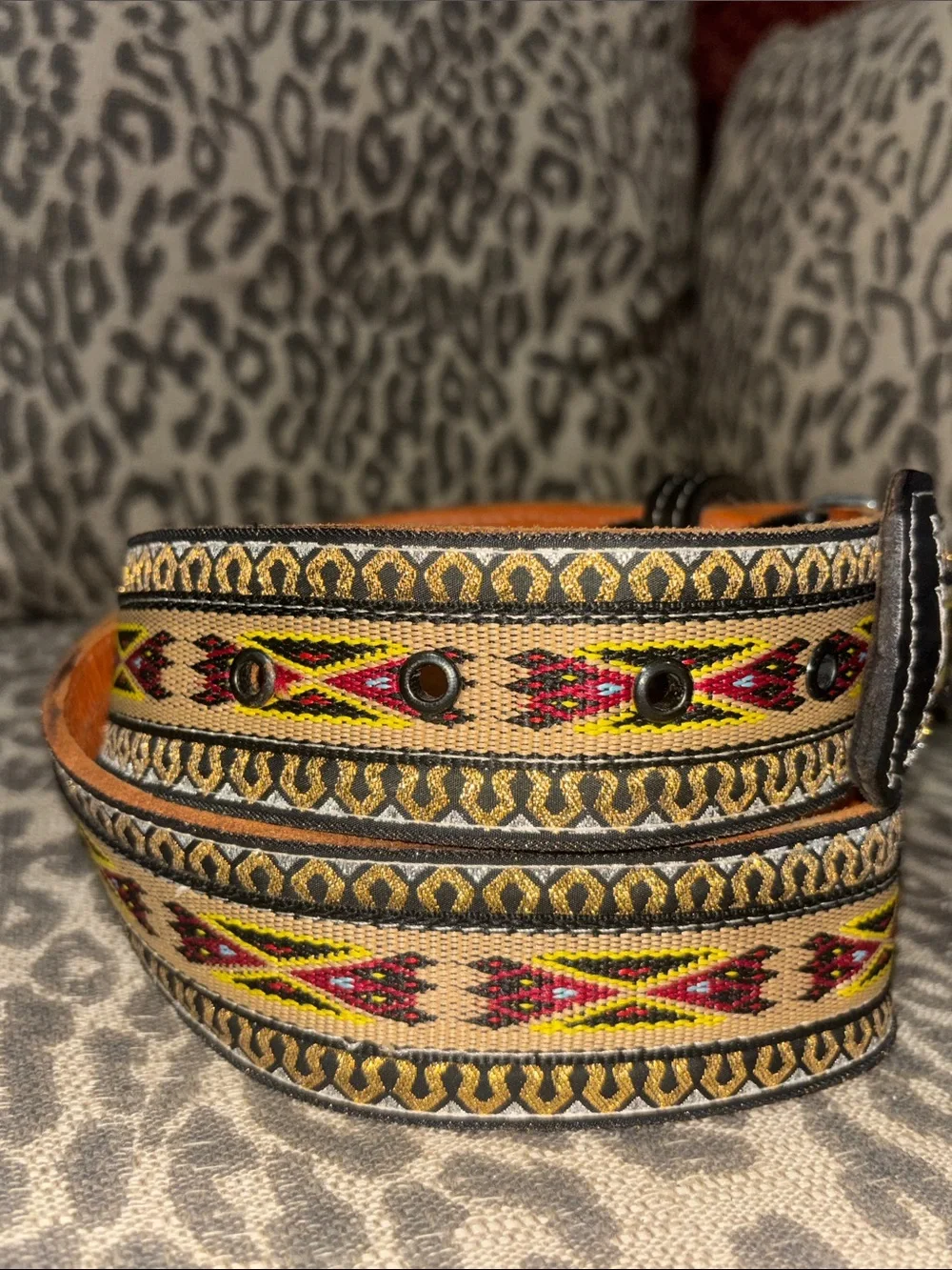Vintage western belt metallic woven charro leather authentic cowboy belt 33”-40”